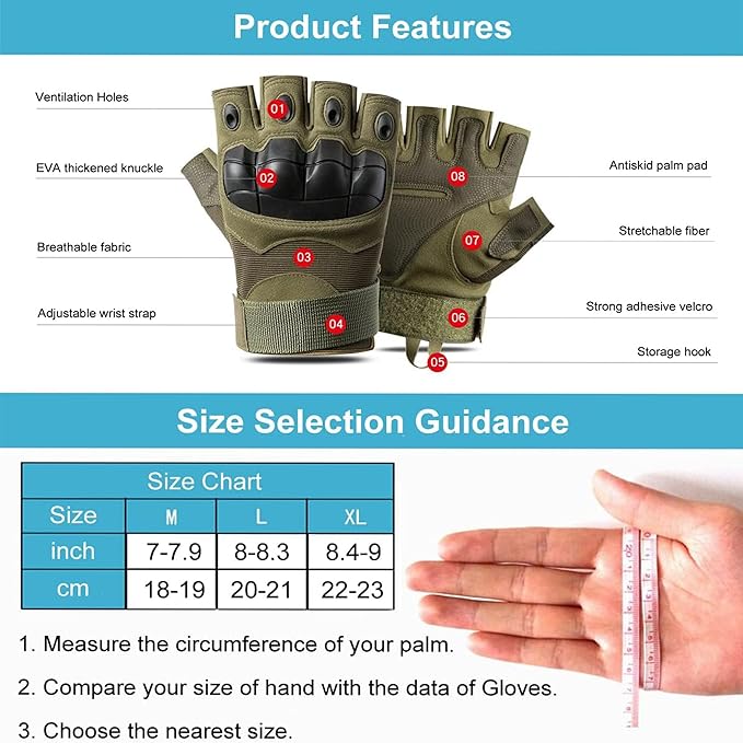 Fingerless Tactical Motorcycle Gloves for Men Women, Breathable TPU Protection, for Cycling ATV Riding Tactical Training Fitness Workout Black L