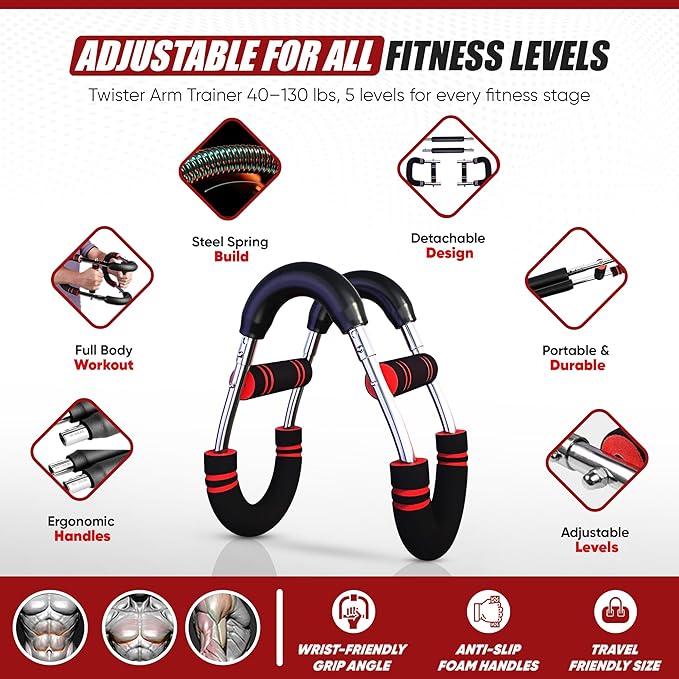 LuxUltra Twister Arm Trainer Chest Workout Equipment for Men & Women, Adjustable 40-130 lbs Chest and Arm Trainer, Home Gym Strength Trainer with Hand Grip Strengthener