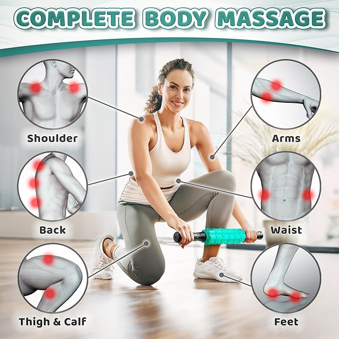 COZLOW Muscle Roller Stick - Green - Body Massage Tool w/ 6 Rollers & Non-Slip Handles for Deep Tissue Massage & Maximum Muscle Recovery