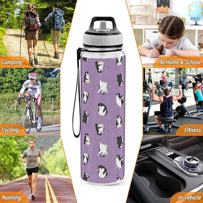 Fustylead Penguins Tritan Water Bottle with Straw and Lids, 32 oz Reusable BPA Free Sport Water Bottle for Gym Camping Hiking Travel
