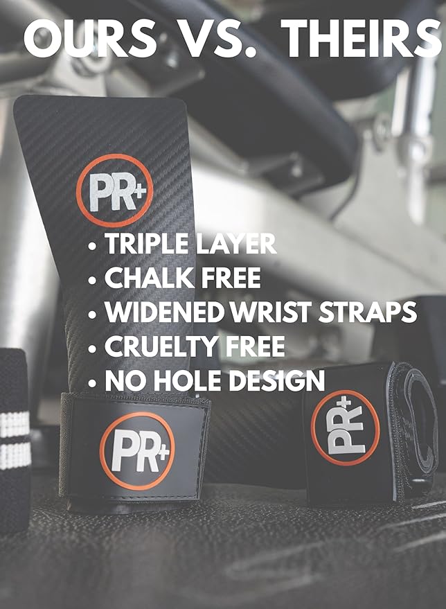 PR+ Gymnastics Hand Grips for Pull Ups Weightlifting and Cross Training - No Hole - Chalk Free - Triple Layer Hand Protection - Optional Wrist Wraps