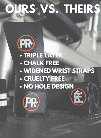 PR+ Gymnastics Hand Grips for Pull Ups Weightlifting and Cross Training - No Hole - Chalk Free - Triple Layer Hand Protection - Optional Wrist Wraps