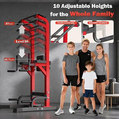 DlandHome Power Tower Pull Up Bar Station, Heavy Duty Adjustable Height for Home Gym Strength Training Equipment 330LBS Weight Capacity, Pull Up Dip Station