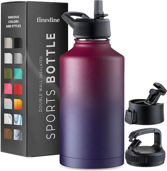 FineDine Triple Walled, Insulated Water Bottles with Straw - 64 Oz Stainless Steel Metal Bottle W/ 3 Leak Proof Lids - For Travel, School, Sports, Gym / Men, Women & Kids - Dreamy Purple