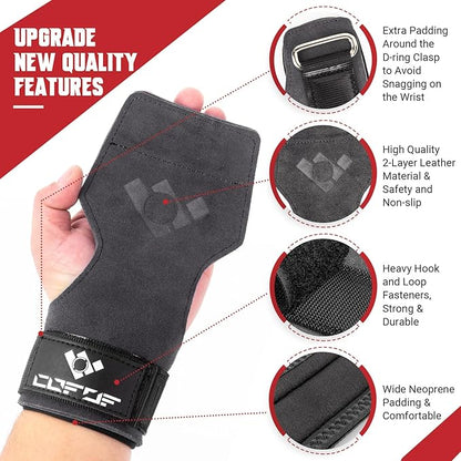 COFOF Weight Lifting Wrist Strap, Double Layer Leather Wrist Strap for Deadlift and Powerlifting, Adjustable Neoprene Padded Gym Workout Lifting Hooks (Pair)