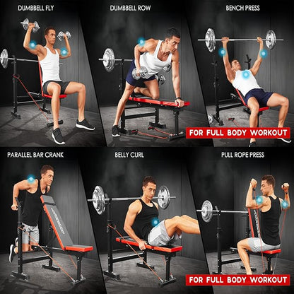 OPPSDECOR 6 in 1 900LBS Weight Bench with Leg Extension and Leg Curl, Foldable Bench Press Set and Squat Barbell Rack with Preacher Curl, Adjustable Workout Bench for Home Gym Strength Training PXZXYX1