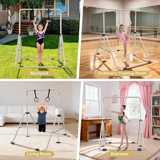 SHIWEI Gymnastics Bar for Kids, Foldable Gymnastic Bar with 5 Adjustable Height, Expandable Training Equipment for Indoor/Outdoor