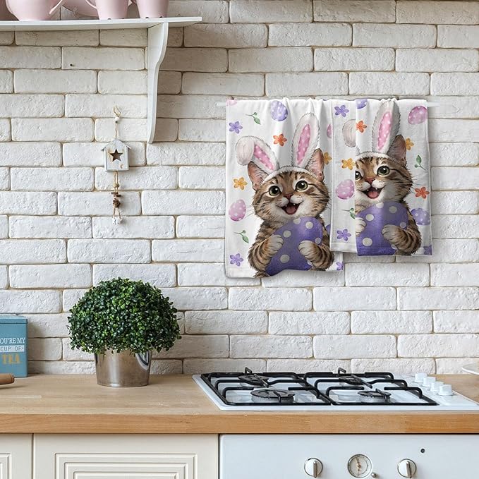 Easter Cat Hand Towels 2 Pack 14"x28" Pink Rabbit Ears Kitchen Towels Cat Bunny Eggs Dish Towels Spring Summer Holiday Finger Towels for Kitchen Bathroom Shower Hotel Gym