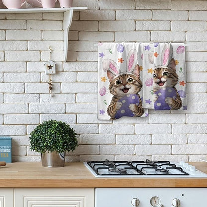 Easter Cat Hand Towels 2 Pack 14"x28" Pink Rabbit Ears Kitchen Towels Cat Bunny Eggs Dish Towels Spring Summer Holiday Finger Towels for Kitchen Bathroom Shower Hotel Gym