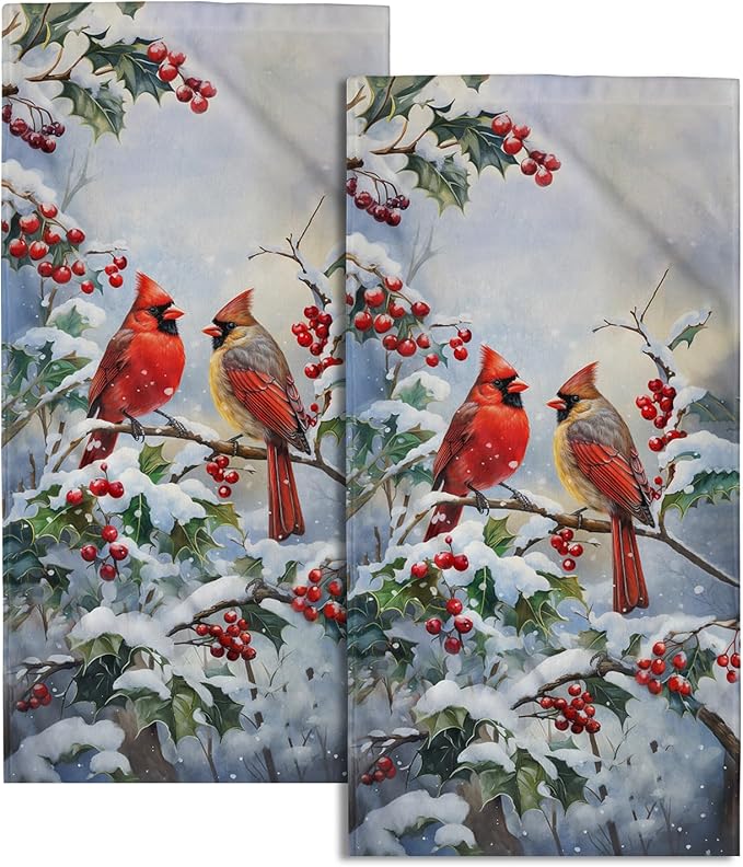 Winter Red Bird Hand Towels Pack of 2 Sweet Couple Cardinal Fingertip Towels Birds Holly Berry Branches Snow Christmas Holiday Bathroom Towels Soft Fast Drying Face Towel for Kitchen Spa Gym