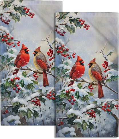 Winter Red Bird Hand Towels Pack of 2 Sweet Couple Cardinal Fingertip Towels Birds Holly Berry Branches Snow Christmas Holiday Bathroom Towels Soft Fast Drying Face Towel for Kitchen Spa Gym