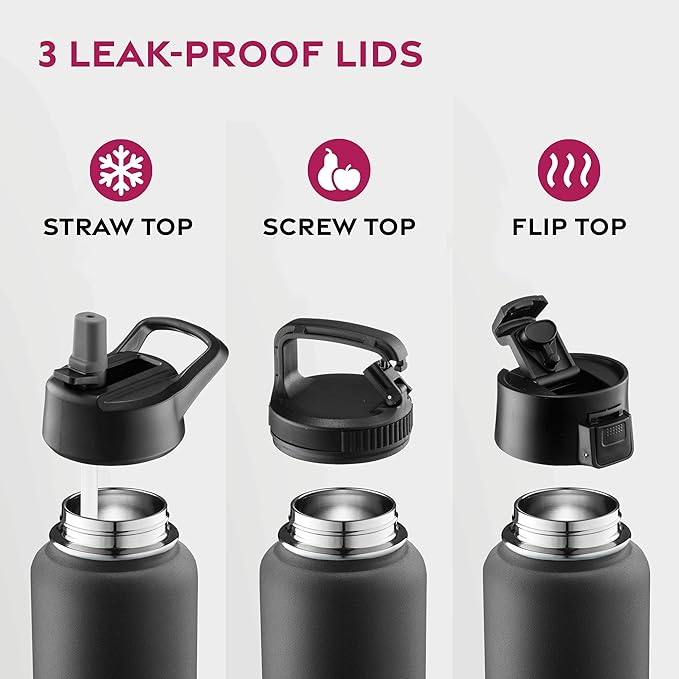 FineDine 25 Oz Insulated Water Bottle with Straw - Triple Walled Stainless Steel Metal Bottle W/ 3 Leak Proof Lids - For Travel, School, Sports, Gym/Men, Women & Kids - Inky Raven Black