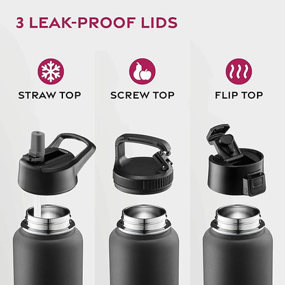 FineDine 25 Oz Insulated Water Bottle with Straw - Triple Walled Stainless Steel Metal Bottle W/ 3 Leak Proof Lids - For Travel, School, Sports, Gym/Men, Women & Kids - Inky Raven Black
