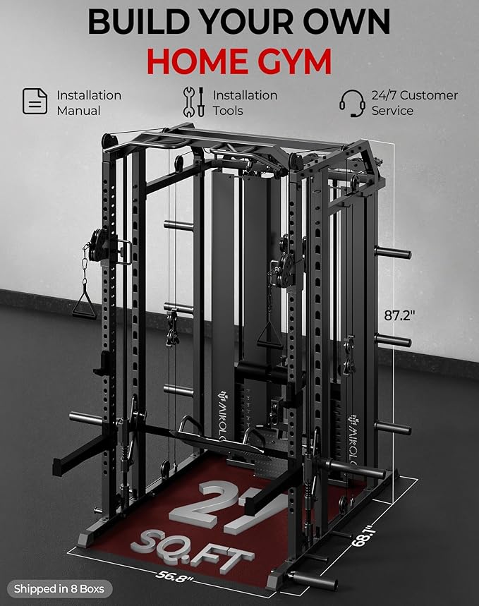 Mikolo Smith Machine with Weight Stack, Power Cage Home Gym System with LAT Pulldown & Cable Crossover, Multi-Functional Trainer with Dual Pulley System, Includes 10+ Free Attachments