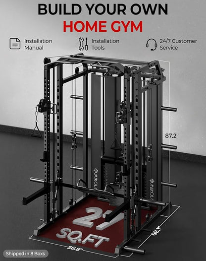 Mikolo Smith Machine with Weight Stack, Power Cage Home Gym System with LAT Pulldown & Cable Crossover, Multi-Functional Trainer with Dual Pulley System, Includes 10+ Free Attachments