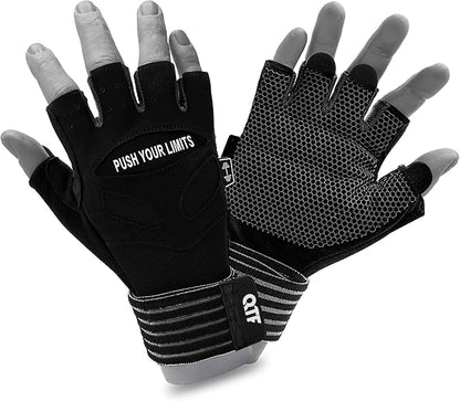 QTF Weight Lifting Gym Workout Gloves with Long Wrist Strap, Fingerless Gym Gloves for Men & Women, Full Palm Protection, for Weightlifting, Training, Fitness, Hanging