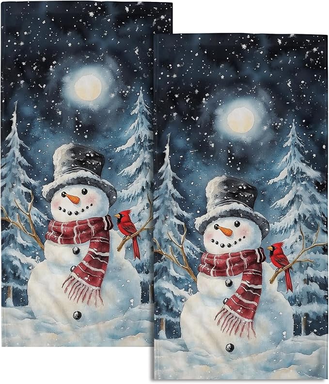 Winter Snowman Hand Bath Towel 2 Packs 28x14 inch Xmas Snow Snowflake Red Bird Decorative Kitchen Tea Dish Towels Seasonal Soft Absorbent Fingertip Towel for Home Bathroom Gym Spa