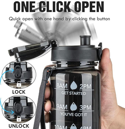 OLDLEY Water Bottle 32oz, Durable and Leakproof Water Bottles Motivational with Time Marker, Tritan, BPA Free, Wide Mouth, Gym, Travel, School,Office, Gifts for Her, Women Men,Clear Black (1 Bottle)