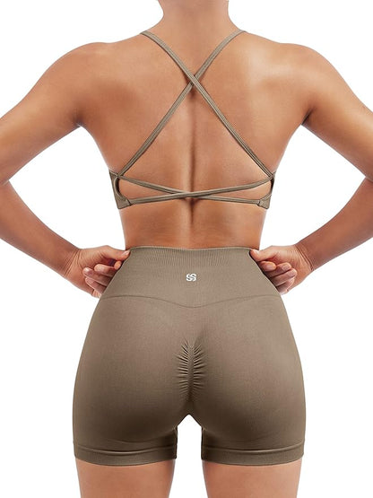 SUUKSESS Women Seamless Workout Sets Strappy Sports Bra High Waist Booty Shorts Outfits