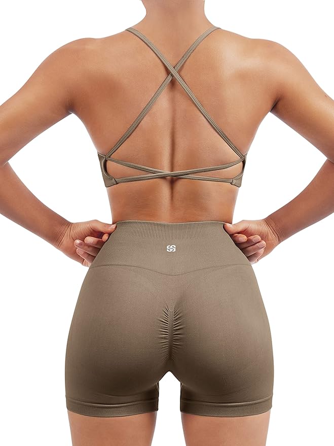 SUUKSESS Women Seamless Workout Sets Strappy Sports Bra High Waist Booty Shorts Outfits