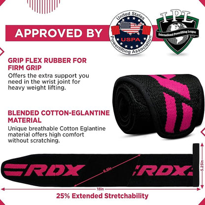 RDX Weight Lifting Wrist Wraps with Gym Straps, Elasticated 18” Cotton Wrap, 60CM Anti Slip Workout Strap Support, Bodybuilding Deadlifting Powerlifting Fitness Gymnastics Strength Training, Men Women
