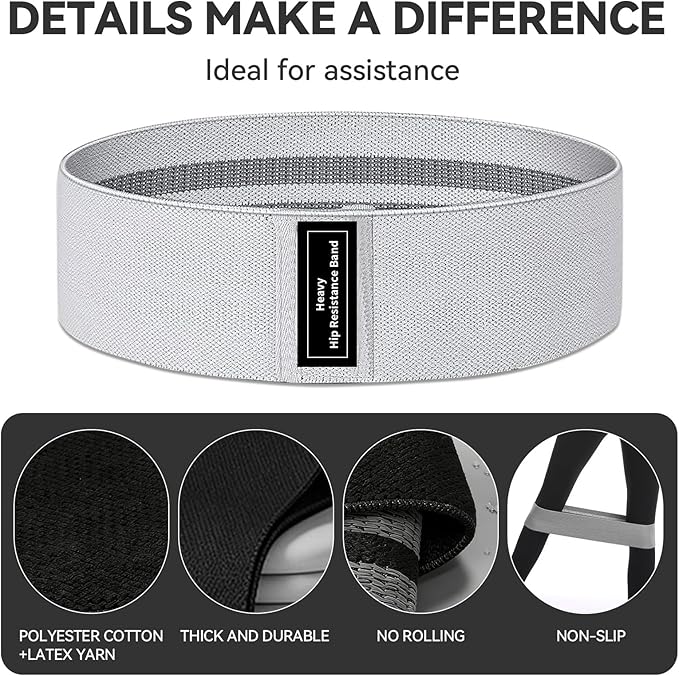 Fabric Resistance Bands for Working Out, 3 Levels Non-Slip Booty Bands for Glutes and Legs, Cloth Exercise Bands Sets with Carry Bag & Workout Guide, Light/Medium/Heavy (Light Grey/Grey/Black)