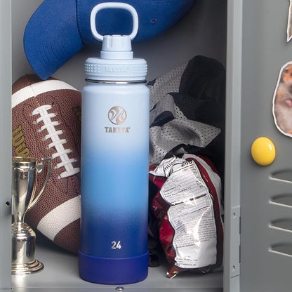 Takeya Actives Stainless Steel Water Bottle, Insulated Spout Lid, Keeps Drinks Cold 24 Hrs, Leakproof, Durable, Dishwasher Safe, Ideal for Gym, Travel, Fits Most Cup Holders, 24 oz/Ombre Pacific Blue