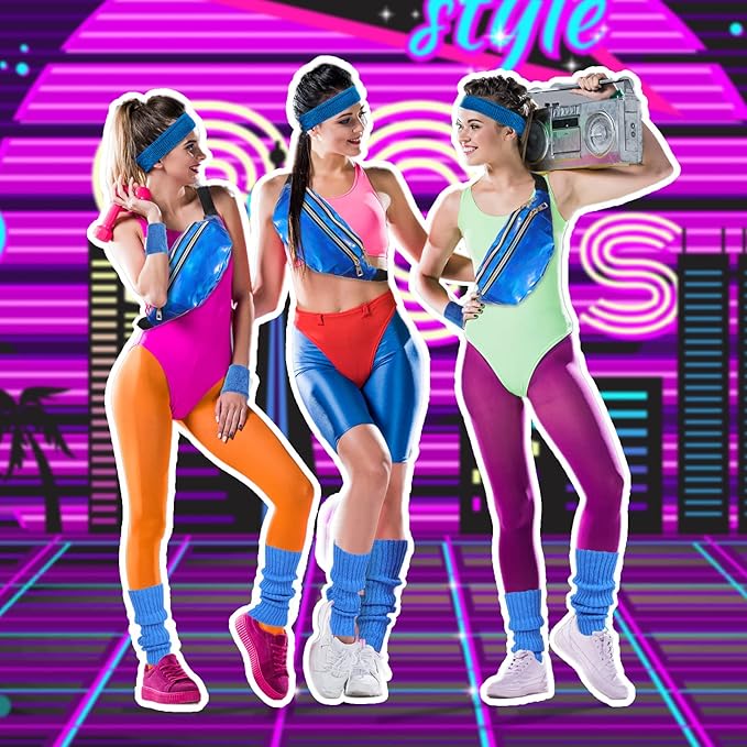 SATINIOR 80s Women Workout Outfit Neon Leg Warmer Headband Wristbands Fanny Pack Set 80s Accessories for Yoga Running