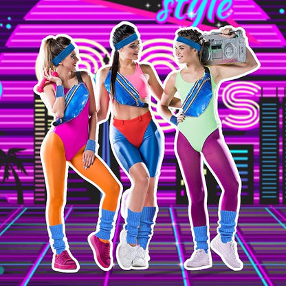 SATINIOR 80s Women Workout Outfit Neon Leg Warmer Headband Wristbands Fanny Pack Set 80s Accessories for Yoga Running