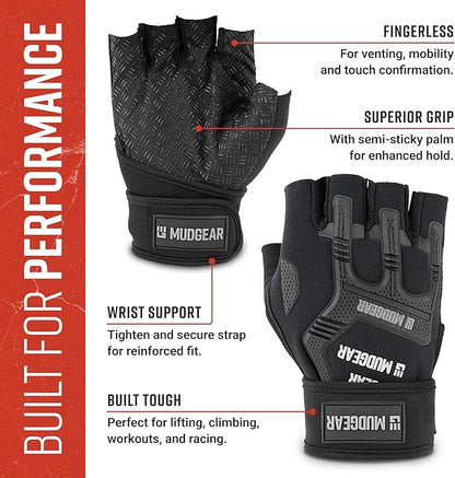 MudGear Gloves - Durable Fingerless Workout Gloves with Wrist Support for Obstacle Races and Fitness Training, Improves Grip, Protects Hands, Boosts Performance