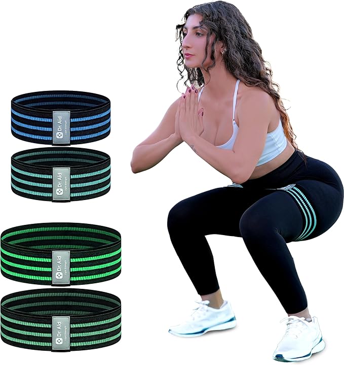 Dr. Aid Fabric Resistance Bands for Women & Men – 4 Booty Bands Set (2 Sizes, 2 Tension Levels) – Non-Slip, Non-Curl, Tear-Resistant, Extra Stretchy Workout Bands for Legs, Hips, Glutes & Butt