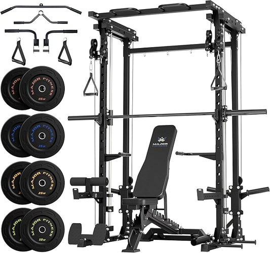 MAJOR FITNESS Drone3 Smith Machine, 2500lbs All-in-One Home Gym Power Rack with Dual Pulley System for Cable Crossover, Pull-Up Bars