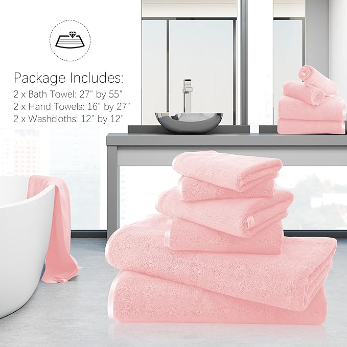 TENSTARS Luxury Silk Hemming Towel Set - Light Thin Quick Drying - 2 Bath Towels 2 Hand Towels 2 Washcloths - Ultra Soft Microfiber Towel for Bath Fitness, Sports, Yoga, Travel (Pink 6 Pieces)