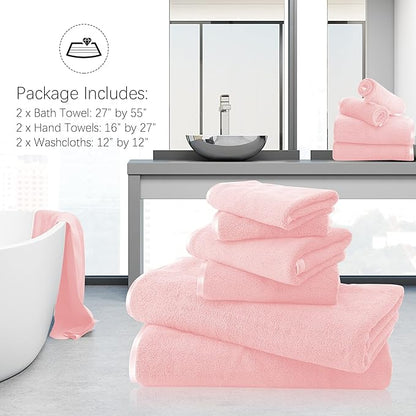 TENSTARS Luxury Silk Hemming Towel Set - Light Thin Quick Drying - 2 Bath Towels 2 Hand Towels 2 Washcloths - Ultra Soft Microfiber Towel for Bath Fitness, Sports, Yoga, Travel (Pink 6 Pieces)