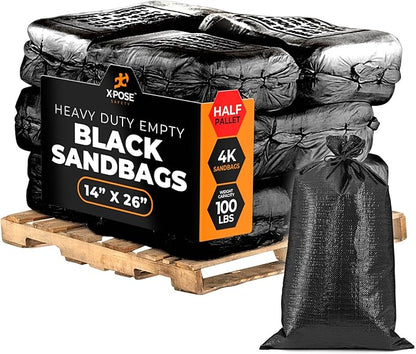 Xpose Safety Heavy Duty Sand Bags with Tie Strings – Empty Woven Polypropylene Sandbags for Hurricane Flood Protection, 100 lb Capacity, 14" x 26", Black, Bulk Half Pallet Pack of 4000