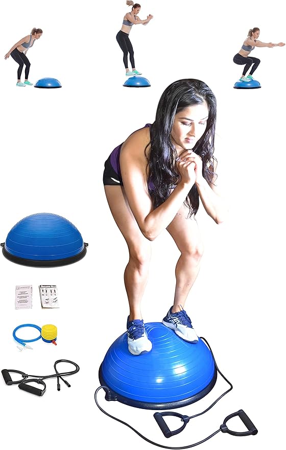 X-Factor Balance Ball Half Exercise Ball with Resistance Bands, Balance Trainer Bonus Pump for Yoga Fitness, Home Gym Stability Workout, Strength Exercise Quantity (Blue)