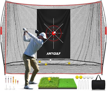 Pro Golf Net, 10x7ft Heavy Duty Golf Practice Net with Mat, Outdoor Indoor Hitting Nets with Noise Reduce Silk Target for Backyard Driving Chipping/Garage Training, Christmas Gifts for Men Boys
