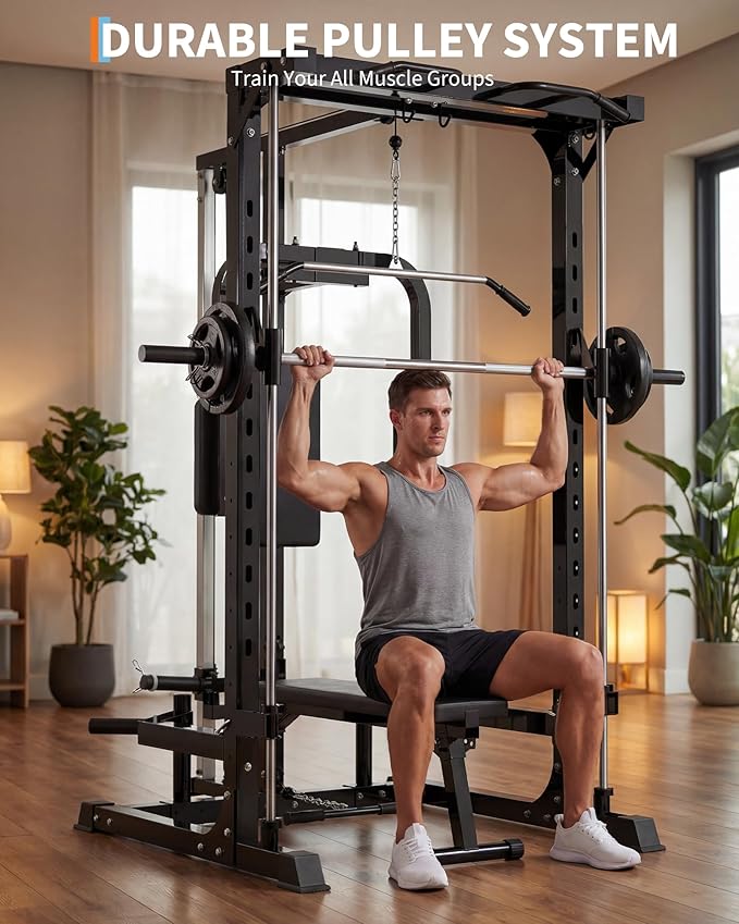 Smith Machine with Bench, Heavy Duty Power Cage Squat Rack with Smith Bar, LAT Pulldown System, Chest Station & More Training Attachment, Home Gym Equipment for Strengthen Training