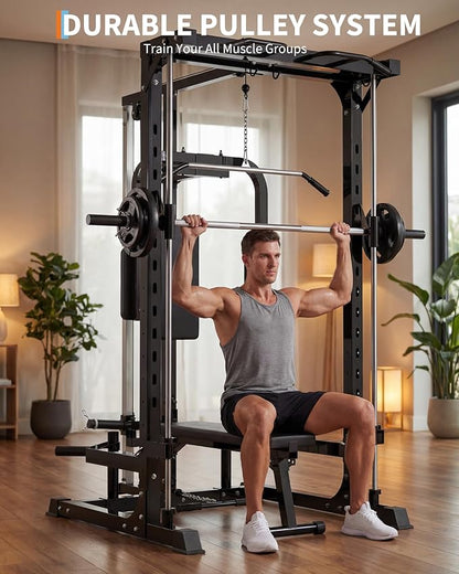 Smith Machine with Bench, Heavy Duty Power Cage Squat Rack with Smith Bar, LAT Pulldown System, Chest Station & More Training Attachment, Home Gym Equipment for Strengthen Training