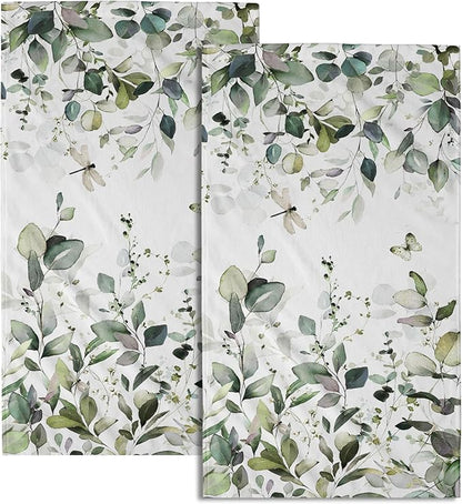 Green Eucalyptus Leaves Hand Towels Spring Sage Green Botanical Fingertip Towel Set of 2 Watercolor Plant Butterfly Dragonfly Kitchen Dish Towels Decorative Bathroom Towels for Bath Guest Gym Spa