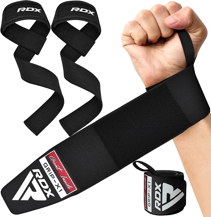 RDX Weight Lifting Wrist Wraps with Gym Straps, Elasticated 18” Cotton Wrap, 60CM Anti Slip Workout Strap Support, Bodybuilding Deadlifting Powerlifting Fitness Gymnastics Strength Training, Men Women
