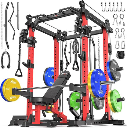 Power Rack Power Cage Multi-Function Squat Rack with Cable Crossover System Selectable More Training Attachment Power Rack for Garage & Home Gym