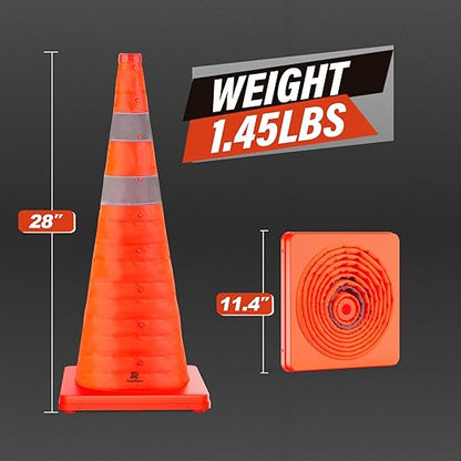 RoadHero 28 Inch 1 Pack Collapsible Traffic Safety Cones, Multi Purpose Pop-up Cones with Reflective Collar for Road Safety, Orange Cones for Driving Training, Parking Lots