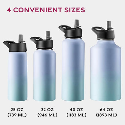 FineDine Triple Walled, Insulated Water Bottles with Straw - 25 Oz Stainless Steel Metal Bottle W/ 3 Leak Proof Lids - For Travel, School, Sports, Gym/Men, Women & Kids - Powder Steel Blue