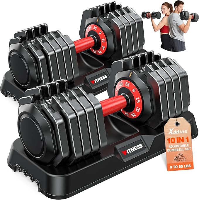 XDDIAS Adjustable Dumbbell Set of 2, 25/55/80/90LB Dumbbell Set- 1-Hand Fast Adjustment with Anti-Slip Handle, Compact Free Weights Dumbbells Set for Men/Women Home Gym Strength Training Equipment