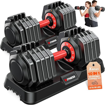 XDDIAS Adjustable Dumbbell Set of 2, 25/55/80/90LB Dumbbell Set- 1-Hand Fast Adjustment with Anti-Slip Handle, Compact Free Weights Dumbbells Set for Men/Women Home Gym Strength Training Equipment
