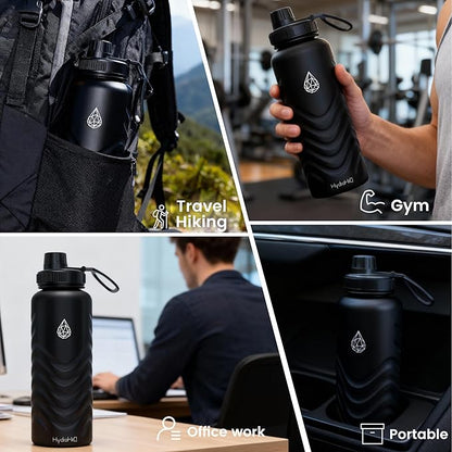 24oz Stainless Steel Insulated Water Bottle, 48H Cold & 24H Hot, Leak-Proof Wide Mouth Lids (Straw & Spout), BPA-Free Bottles, Mens Water Bottle for Gym, Hiking, Travel - Black