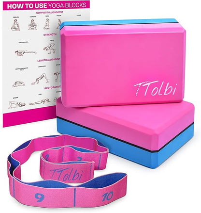 Yoga Blocks 2 Pack with Strap & Guide – Non-Slip EVA Foam Pilates Blocks for Home Workouts, Dance, Ballet, Gymnastics & Stretching Exercise | Ideal Dancer Gifts