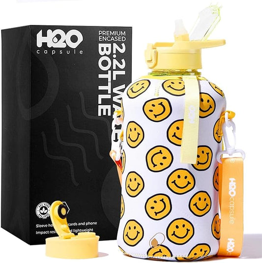 H2O Capsule 2.2L Half Gallon Water Bottle with Storage Sleeve and Covered Straw Lid – BPA Free Large Reusable Drink Container with Handle - Big Sports Jug, 2.2 Liter (74 Ounce)