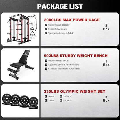 M21 Smith Machine, Multi-Function Power Cage with Dual Pulley Cable Crossover System, 2000LBS All-in-One Squat Rack with Smith Bar and Attachments for Home Gym Strength Training